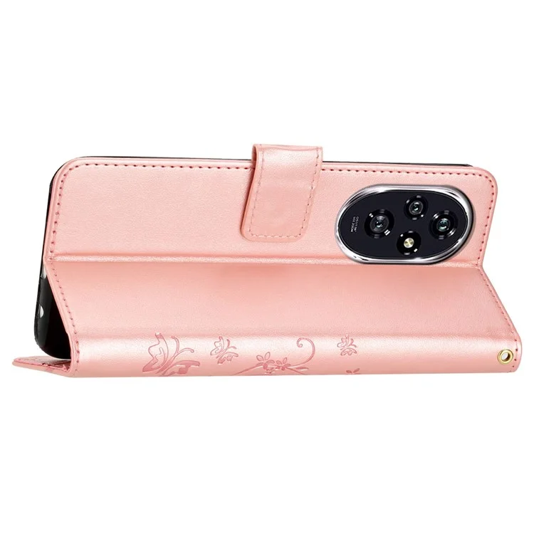 Для чести 200 Pro 5G Case Butterfly Flower Pattern Leather Phone Wallet Cover - Rose Gold