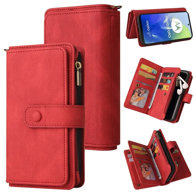 KT Multi-Functional Series-2 para Motorola Moto G04 4G / G04s 4G / G24 4G / E14 4G Funda de Cartera con Cremallera de Cuero para Teléfono - Rojo