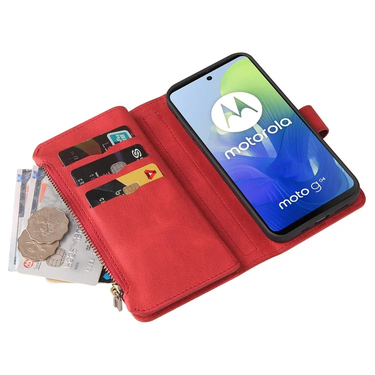 KT Multi-Functional Series-2 para Motorola Moto G04 4G / G04s 4G / G24 4G / E14 4G Funda de Cartera con Cremallera de Cuero para Teléfono - Rojo