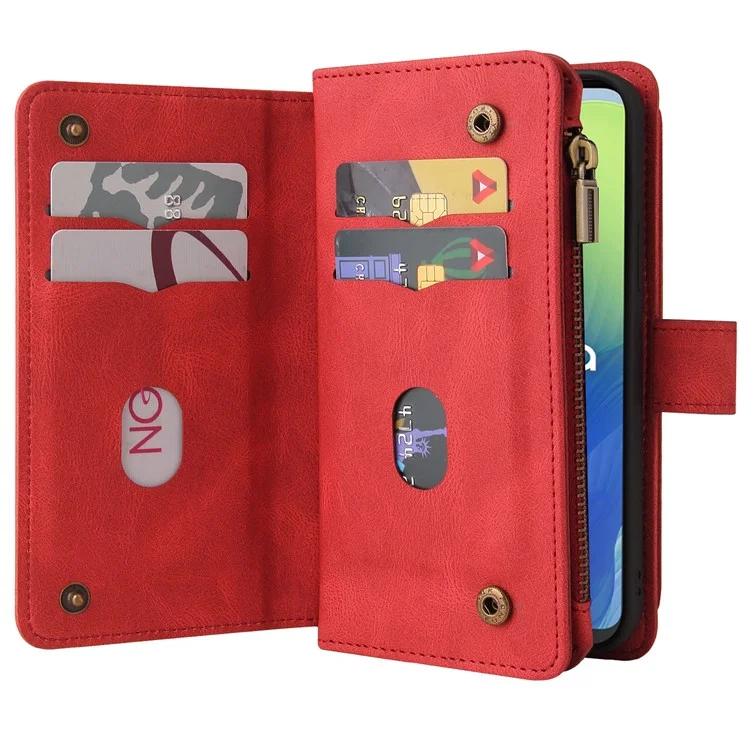 KT Multi-Functional Series-2 para Motorola Moto G04 4G / G04s 4G / G24 4G / E14 4G Funda de Cartera con Cremallera de Cuero para Teléfono - Rojo