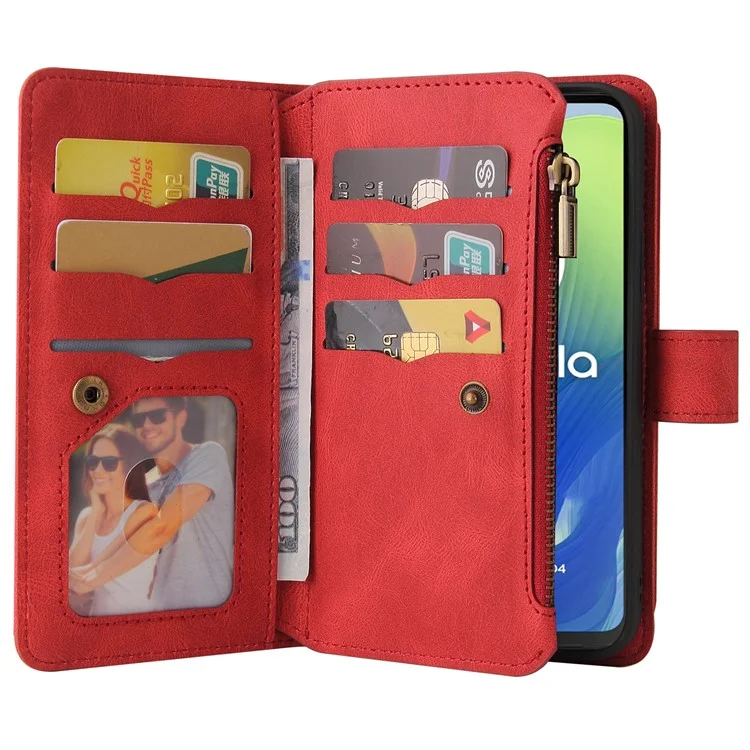 KT Multi-Functional Series-2 para Motorola Moto G04 4G / G04s 4G / G24 4G / E14 4G Funda de Cartera con Cremallera de Cuero para Teléfono - Rojo