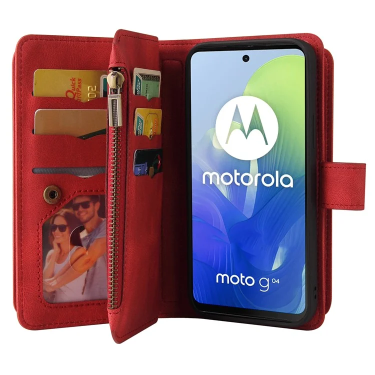 KT Multi-Functional Series-2 para Motorola Moto G04 4G / G04s 4G / G24 4G / E14 4G Funda de Cartera con Cremallera de Cuero para Teléfono - Rojo
