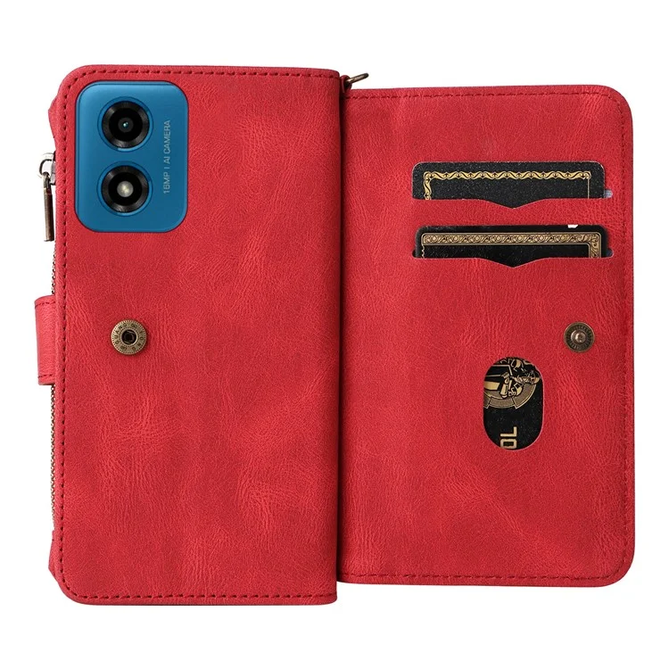 KT Multi-Functional Series-2 para Motorola Moto G04 4G / G04s 4G / G24 4G / E14 4G Funda de Cartera con Cremallera de Cuero para Teléfono - Rojo