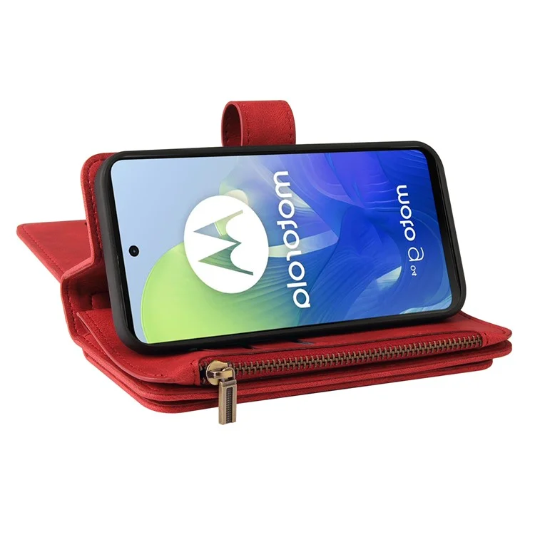 KT Multi-Functional Series-2 para Motorola Moto G04 4G / G04s 4G / G24 4G / E14 4G Funda de Cartera con Cremallera de Cuero para Teléfono - Rojo