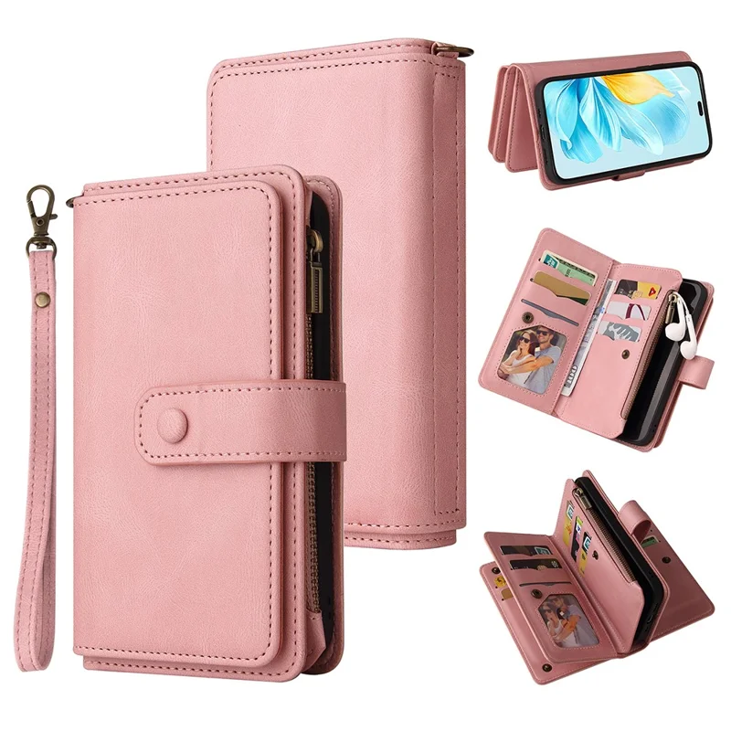 For Honor 200 Lite Zipper Wallet Case with 15 Card Slots and Strap Leather Phone Cover - Pink