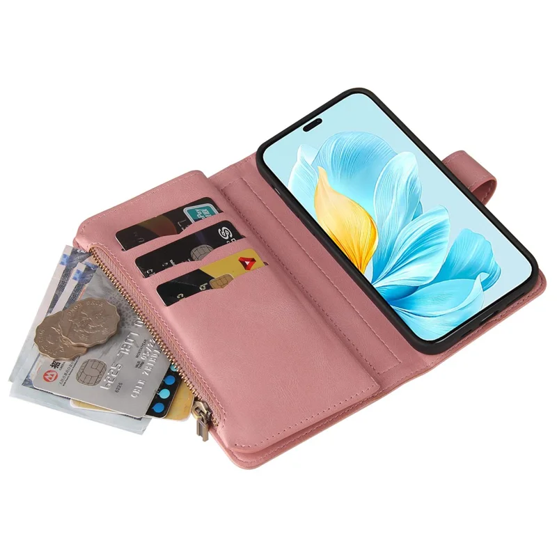 For Honor 200 Lite Zipper Wallet Case with 15 Card Slots and Strap Leather Phone Cover - Pink