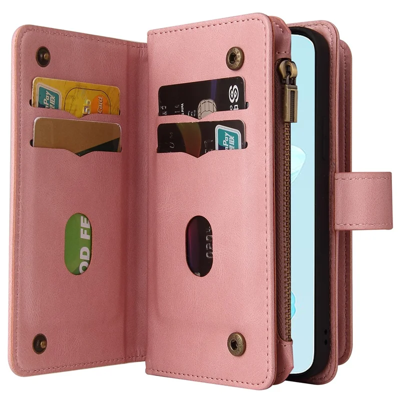 For Honor 200 Lite Zipper Wallet Case with 15 Card Slots and Strap Leather Phone Cover - Pink