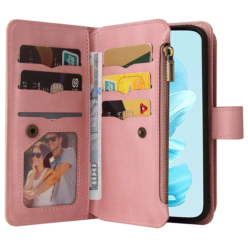 For Honor 200 Lite Zipper Wallet Case with 15 Card Slots and Strap Leather Phone Cover - Pink
