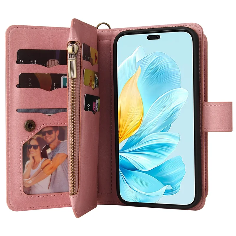 For Honor 200 Lite Zipper Wallet Case with 15 Card Slots and Strap Leather Phone Cover - Pink