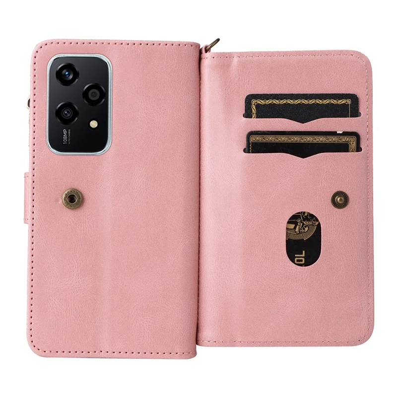 For Honor 200 Lite Zipper Wallet Case with 15 Card Slots and Strap Leather Phone Cover - Pink