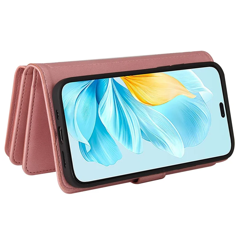 For Honor 200 Lite Zipper Wallet Case with 15 Card Slots and Strap Leather Phone Cover - Pink