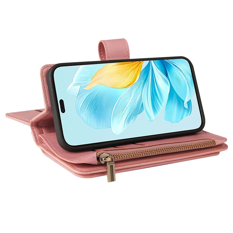 For Honor 200 Lite Zipper Wallet Case with 15 Card Slots and Strap Leather Phone Cover - Pink