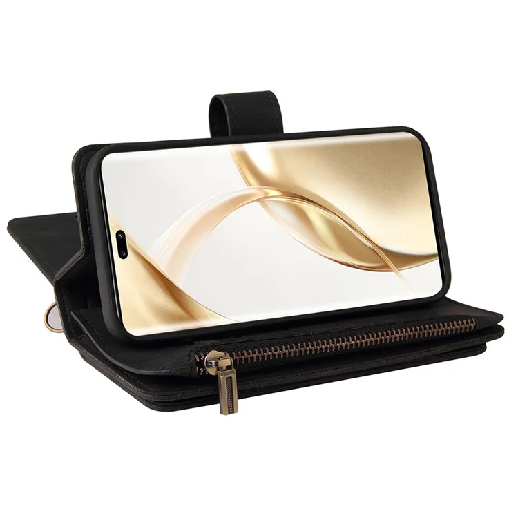 KT Multi-Funktions-Serie-2 For Honor 200 Pro 5G Case Zipper Wallet Stand Leder Handy Hülle - Schwarz