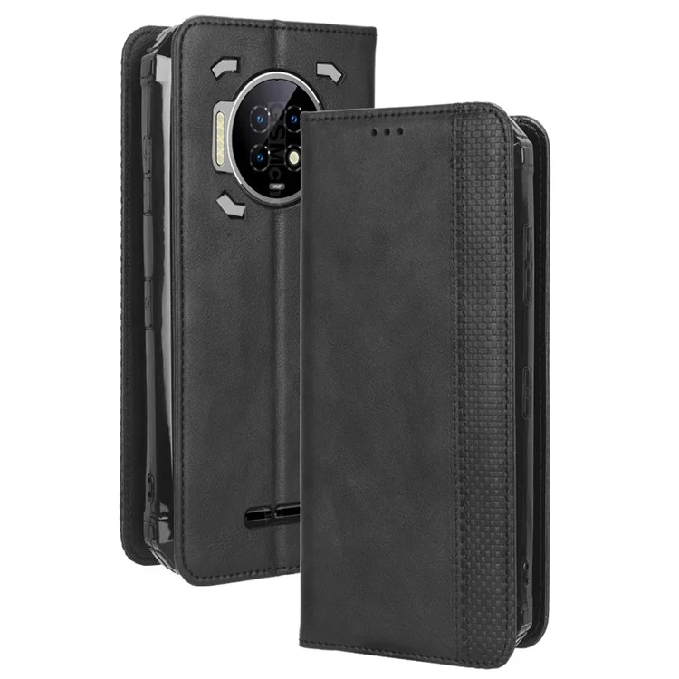 For Oukitel WP19 Retro Texture Magnetic Absorption Case Imprinted Mosaic Wallet Stand Protective Cover - Black