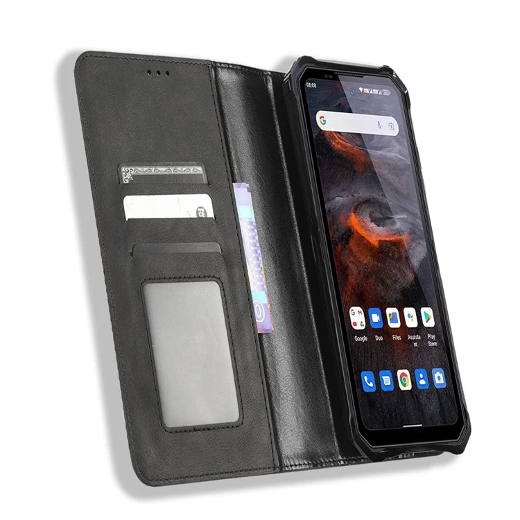 For Oukitel WP19 Retro Texture Magnetic Absorption Case Imprinted Mosaic Wallet Stand Protective Cover - Black
