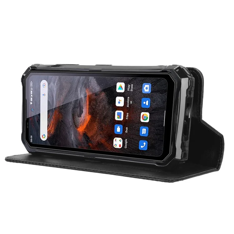 For Oukitel WP19 Retro Texture Magnetic Absorption Case Imprinted Mosaic Wallet Stand Protective Cover - Black