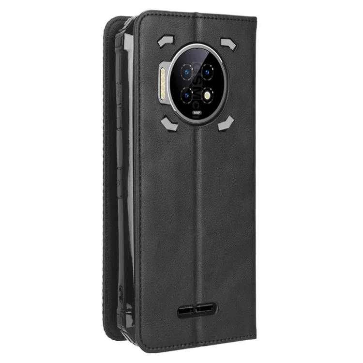 For Oukitel WP19 Retro Texture Magnetic Absorption Case Imprinted Mosaic Wallet Stand Protective Cover - Black