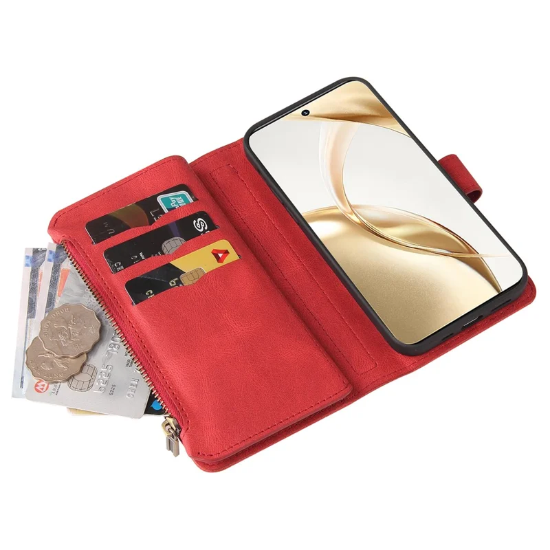 حافظة Honor 200 5G بسحاب ومحفظة مع 15 فتحة بطاقة وحزام جلد لهاتف - أحمر