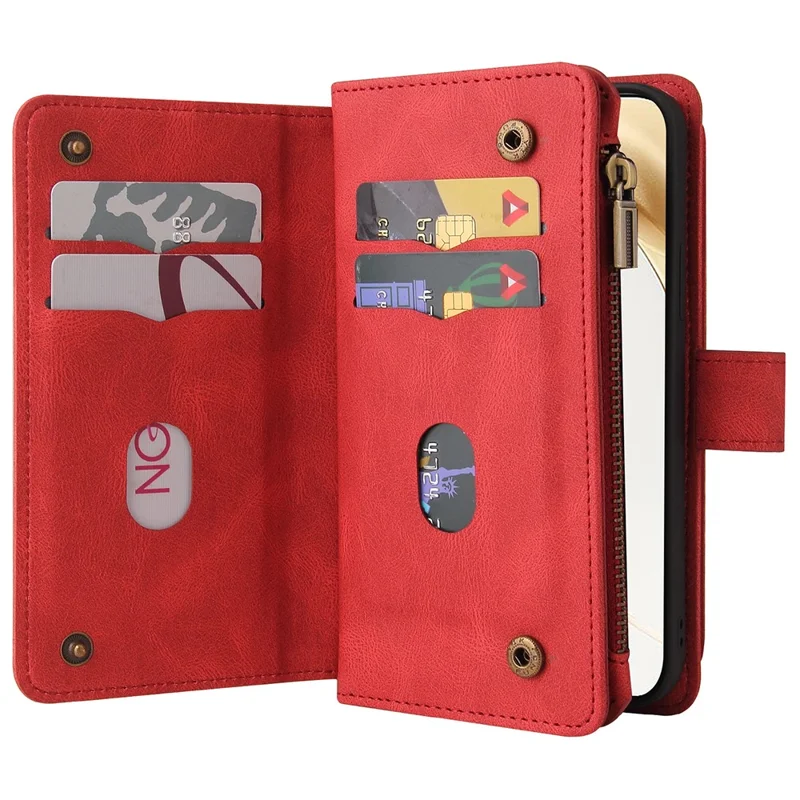 حافظة Honor 200 5G بسحاب ومحفظة مع 15 فتحة بطاقة وحزام جلد لهاتف - أحمر