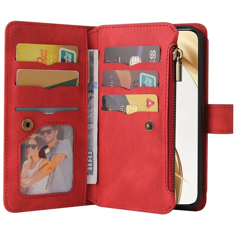 حافظة Honor 200 5G بسحاب ومحفظة مع 15 فتحة بطاقة وحزام جلد لهاتف - أحمر