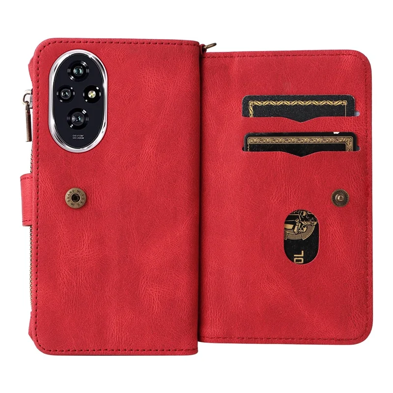 حافظة Honor 200 5G بسحاب ومحفظة مع 15 فتحة بطاقة وحزام جلد لهاتف - أحمر