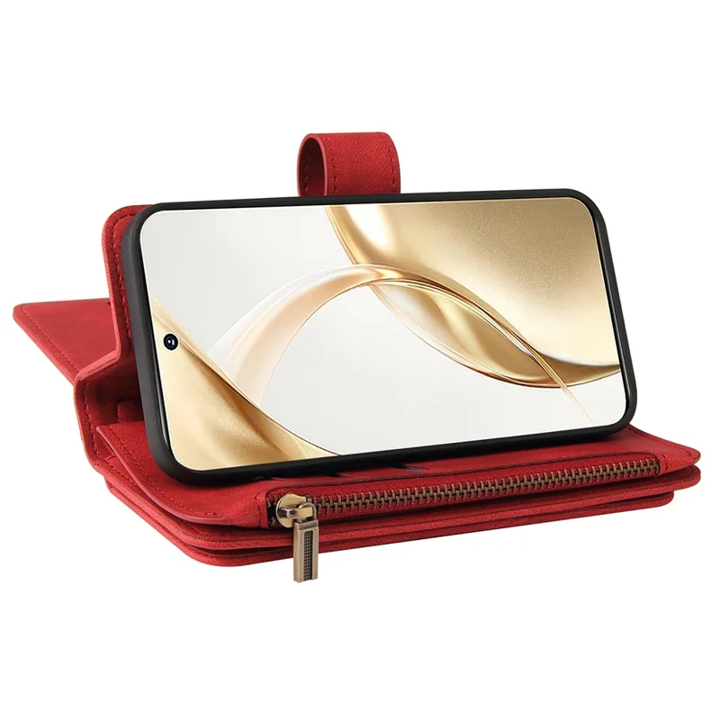 حافظة Honor 200 5G بسحاب ومحفظة مع 15 فتحة بطاقة وحزام جلد لهاتف - أحمر