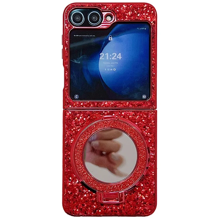 Para Samsung Galaxy Z Flip6 5G Case TPU+PC Kickstand Phone Cover with Mirror - Red