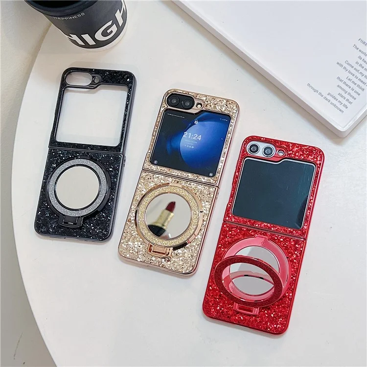 Para Samsung Galaxy Z Flip6 5G Case TPU+PC Kickstand Phone Cover with Mirror - Red