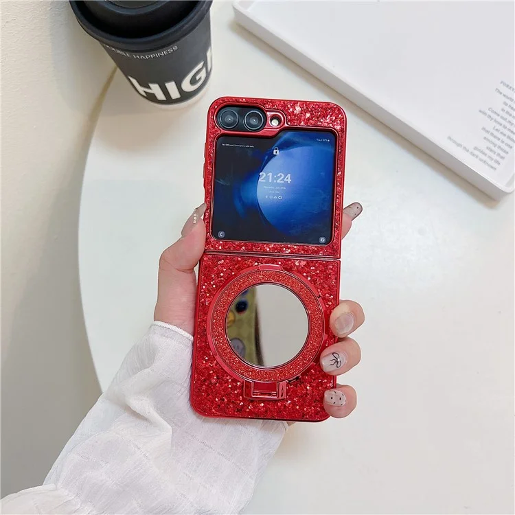 Para Samsung Galaxy Z Flip6 5G Case TPU+PC Kickstand Phone Cover with Mirror - Red