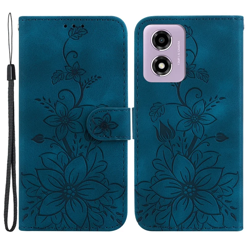 Para Motorola Moto G04s 4G / E14 4G Caso Lily Flower Imprint Leather Phone Cover com Stand - Azul Escuro