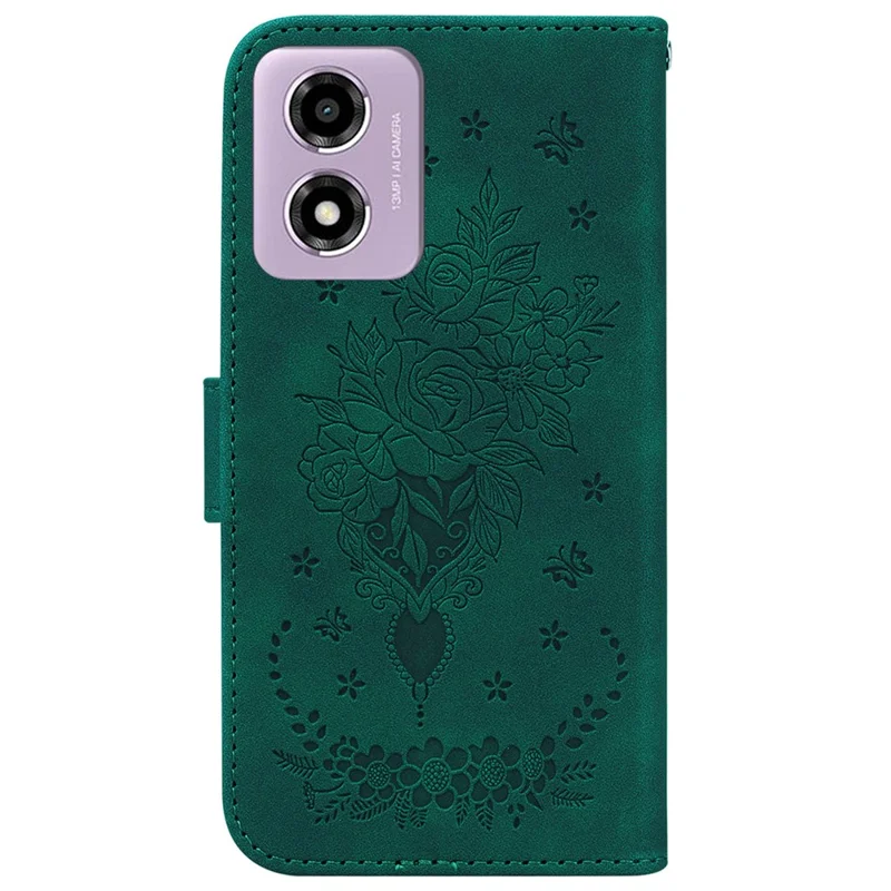 For Motorola Moto G04s 4G / E14 4G Wallet Case PU Leather Phone Cover Butterfly Flower Imprint - Green