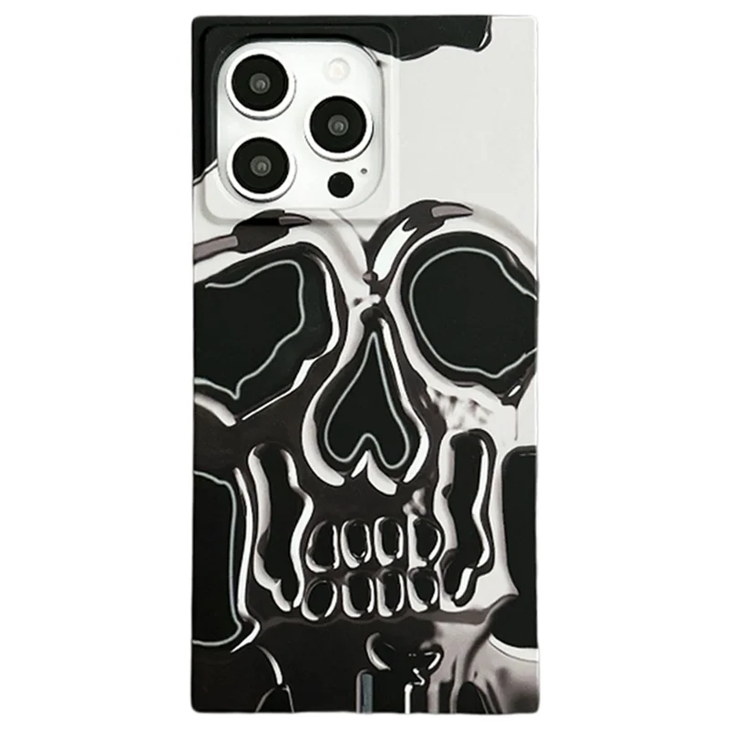 For iPhone 15 Pro Max Square Case Pattern Matte TPU Phone Cover - Titanium Grey Skull