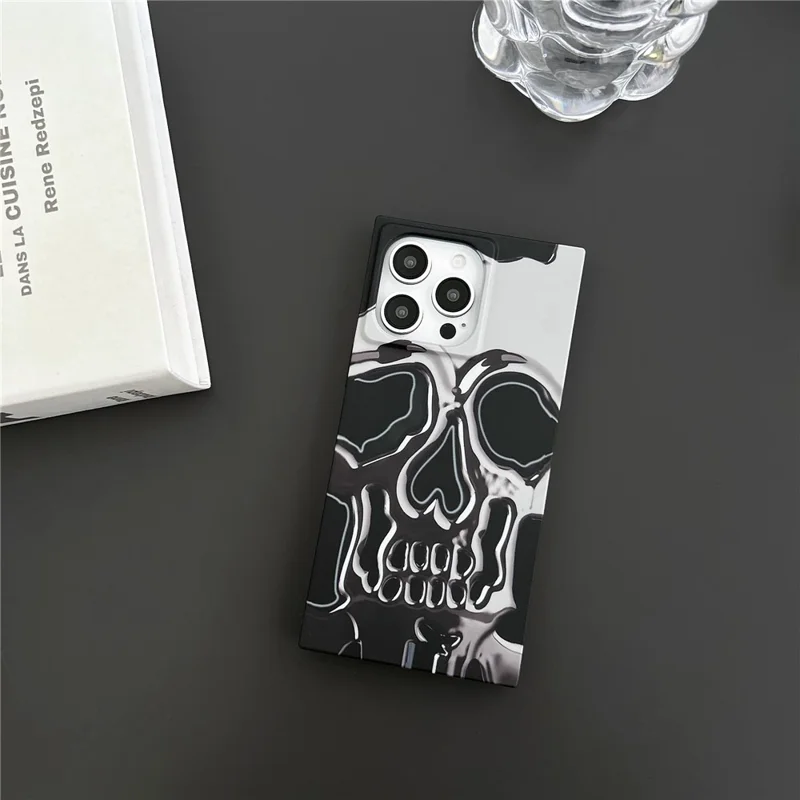 For iPhone 15 Pro Max Square Case Pattern Matte TPU Phone Cover - Titanium Grey Skull