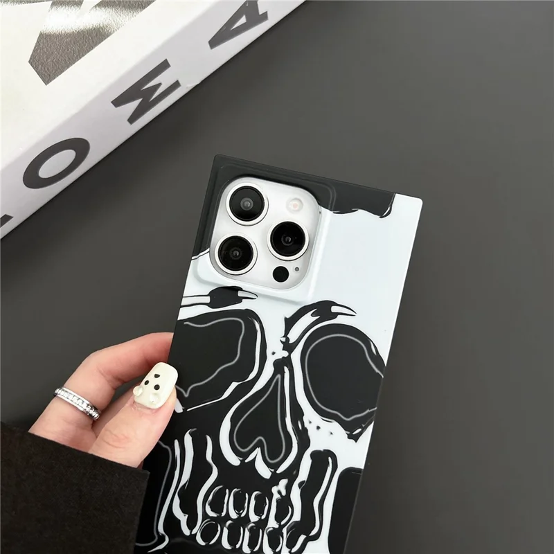 For iPhone 15 Pro Max Square Case Pattern Matte TPU Phone Cover - Titanium Grey Skull