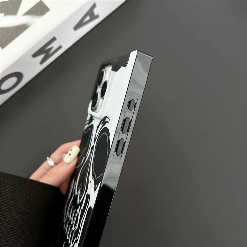 For iPhone 15 Pro Max Square Case Pattern Matte TPU Phone Cover - Titanium Grey Skull