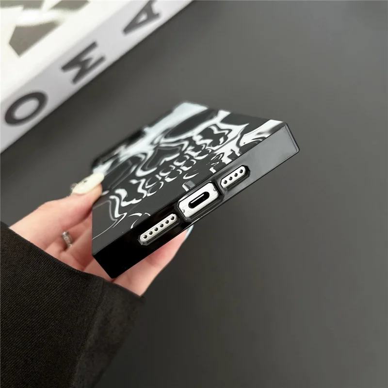 For iPhone 15 Pro Max Square Case Pattern Matte TPU Phone Cover - Titanium Grey Skull