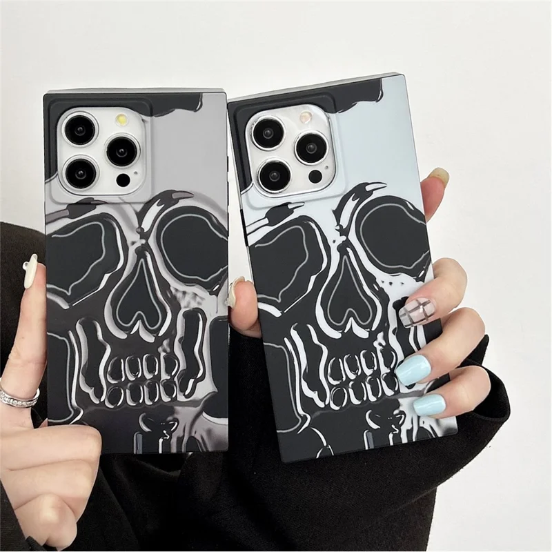 For iPhone 15 Pro Max Square Case Pattern Matte TPU Phone Cover - Titanium Grey Skull