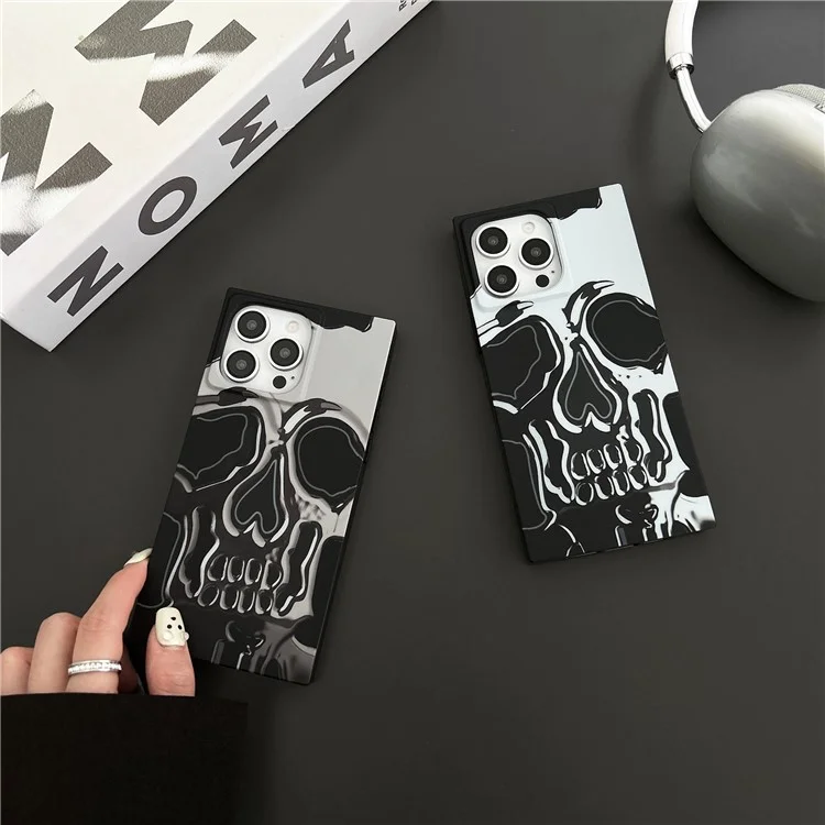 Per iPhone 14 Pro Max Case Pattern Printing TPU Square Phone Cover Finitura Opaca - Teschio Bianco Argento