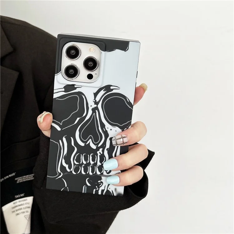 Per iPhone 14 Pro Max Case Pattern Printing TPU Square Phone Cover Finitura Opaca - Teschio Bianco Argento