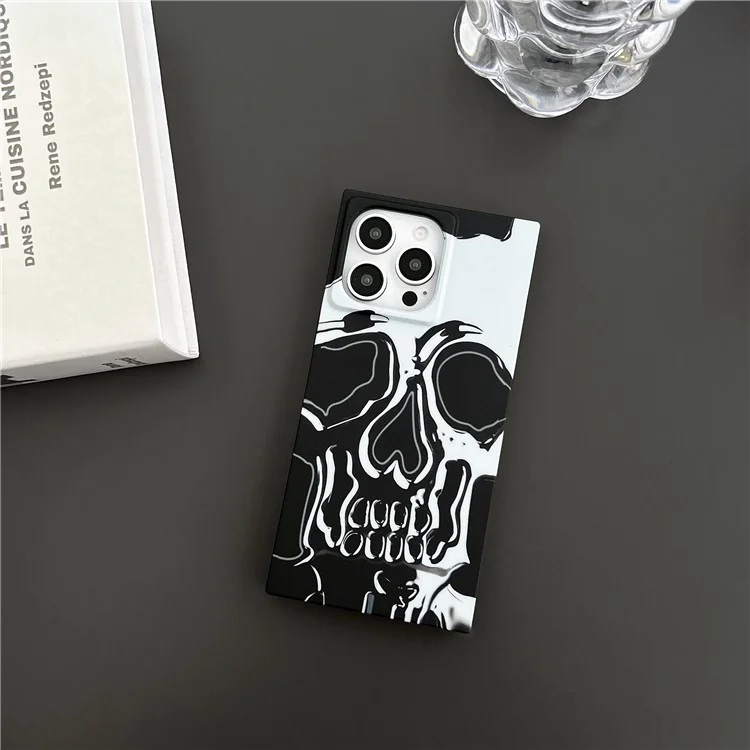 Per iPhone 14 Pro Max Case Pattern Printing TPU Square Phone Cover Finitura Opaca - Teschio Bianco Argento