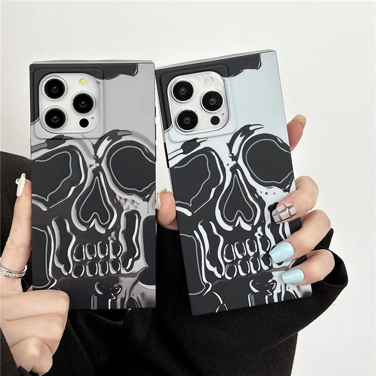 Per iPhone 14 Pro Max Case Pattern Printing TPU Square Phone Cover Finitura Opaca - Teschio Bianco Argento
