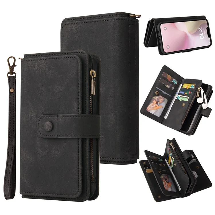 For iPhone 16e Zipper Wallet Case with 15 Card Slots and Strap Leather Phone Cover - Black
