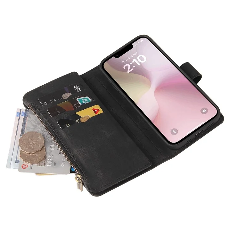 For iPhone 16e Zipper Wallet Case with 15 Card Slots and Strap Leather Phone Cover - Black