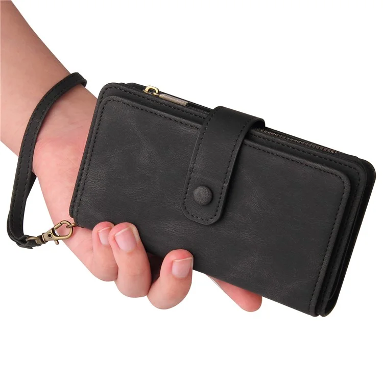 For iPhone 16e Zipper Wallet Case with 15 Card Slots and Strap Leather Phone Cover - Black