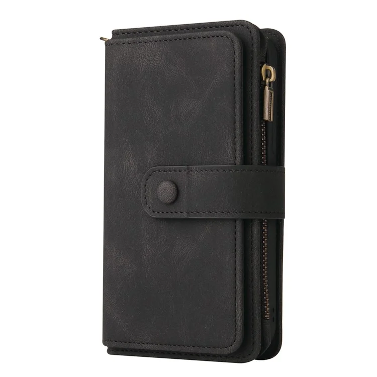 For iPhone 16e Zipper Wallet Case with 15 Card Slots and Strap Leather Phone Cover - Black