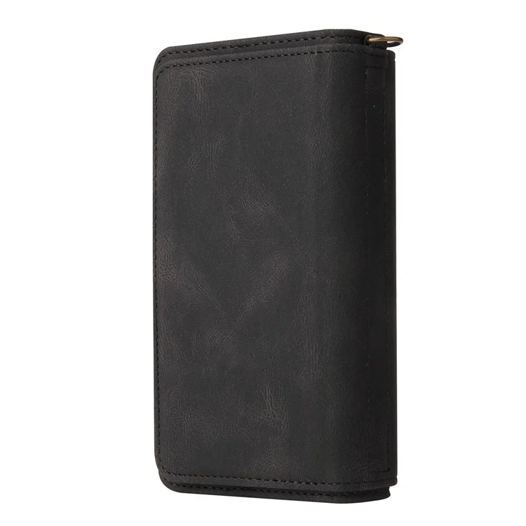 For iPhone 16e Zipper Wallet Case with 15 Card Slots and Strap Leather Phone Cover - Black