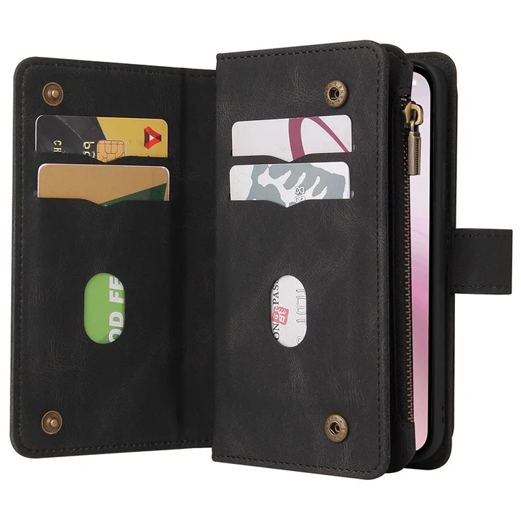 For iPhone 16e Zipper Wallet Case with 15 Card Slots and Strap Leather Phone Cover - Black