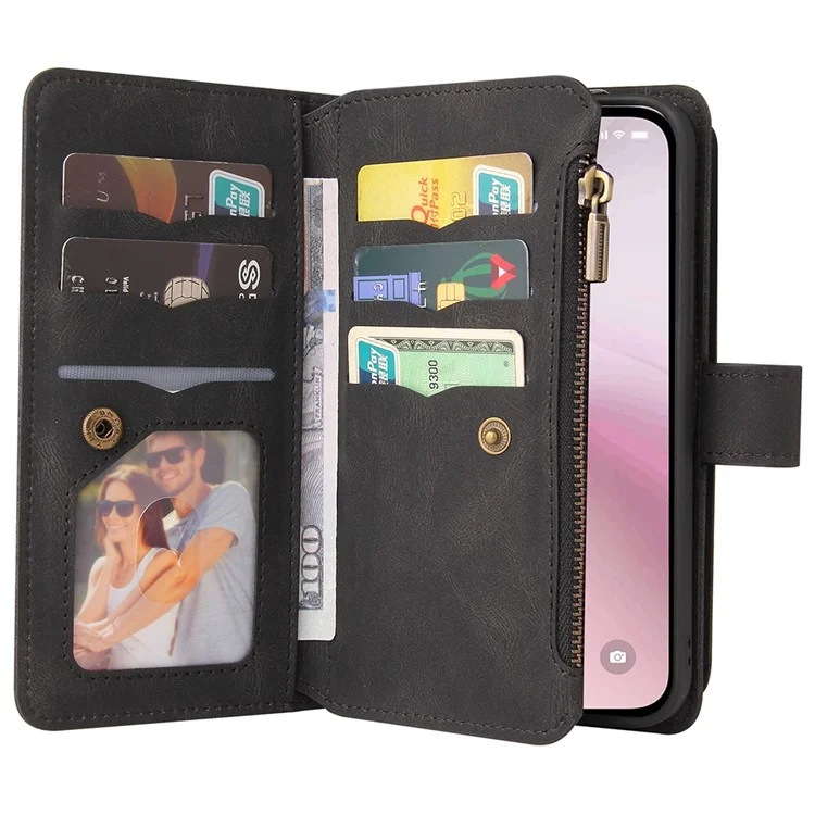 For iPhone 16e Zipper Wallet Case with 15 Card Slots and Strap Leather Phone Cover - Black