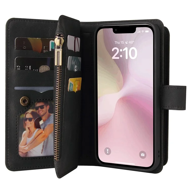 For iPhone 16e Zipper Wallet Case with 15 Card Slots and Strap Leather Phone Cover - Black