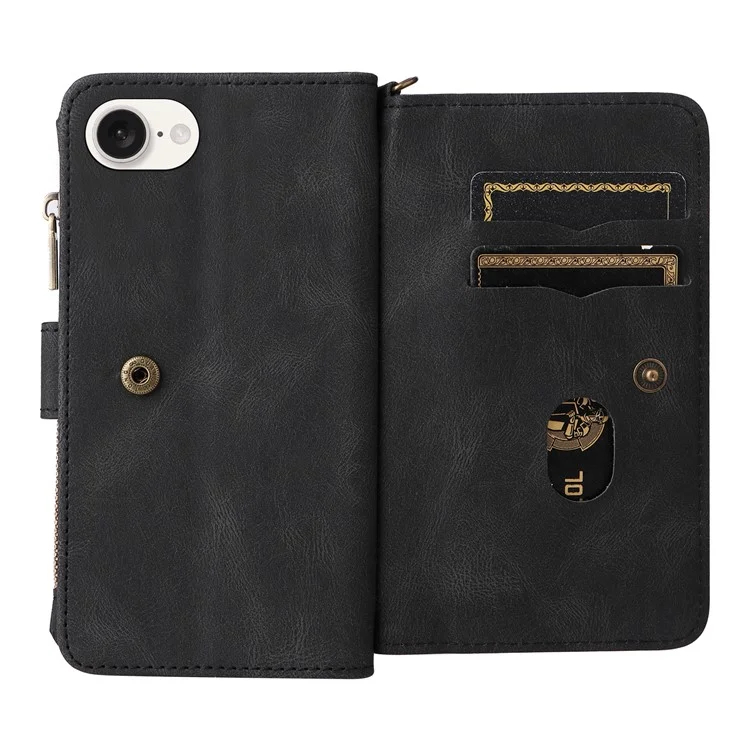 For iPhone 16e Zipper Wallet Case with 15 Card Slots and Strap Leather Phone Cover - Black